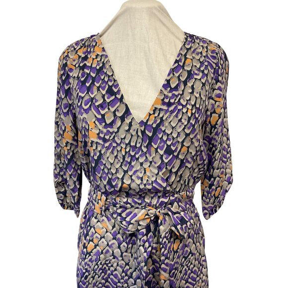 Presley Skye XS 100% Silk Abstract Print Wrap Dress W/ Belt Purple Peach & Grey - Picture 2 of 7